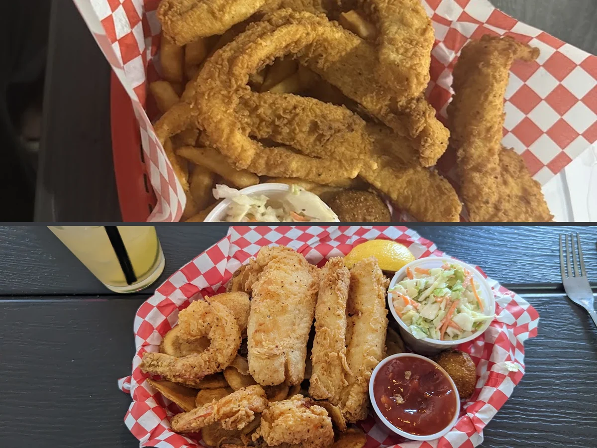 Crisp fish and chips beside coleslaw.